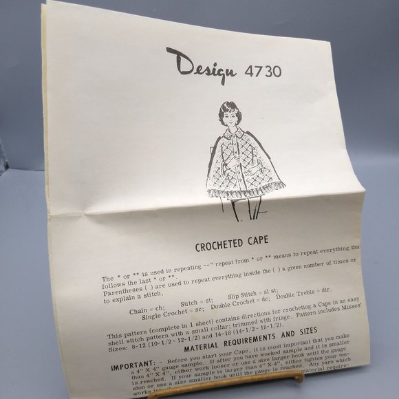 Vintage Patterns, MCM Mail Order Design 4730 Crocheted Cape - Picture 1 of 2
